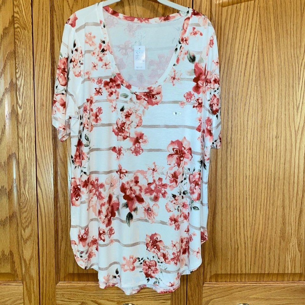 NWT MAURICES 24/7 TEE SHIRT TOP FLORAL PINK STRIPE WHITE SZ XL STRETCHY FABRIC